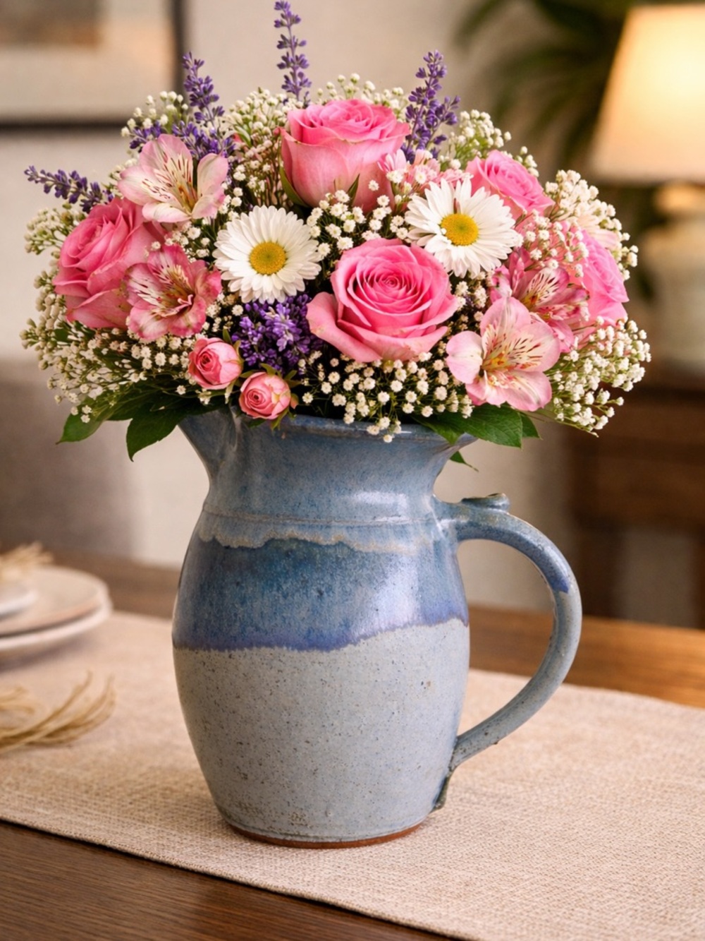Ashby Handmade Blue Gray Stoneware Pitcher 7.5" Tall Glossy Round with Handle